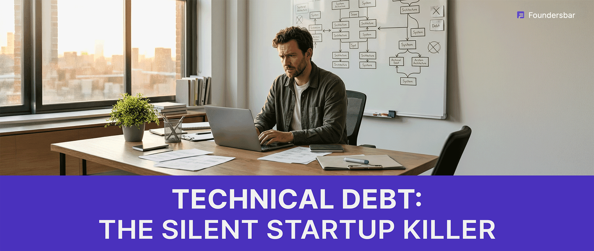 Technical debt: the silent startup killer, shown with a developer reviewing system architecture on a whiteboard.