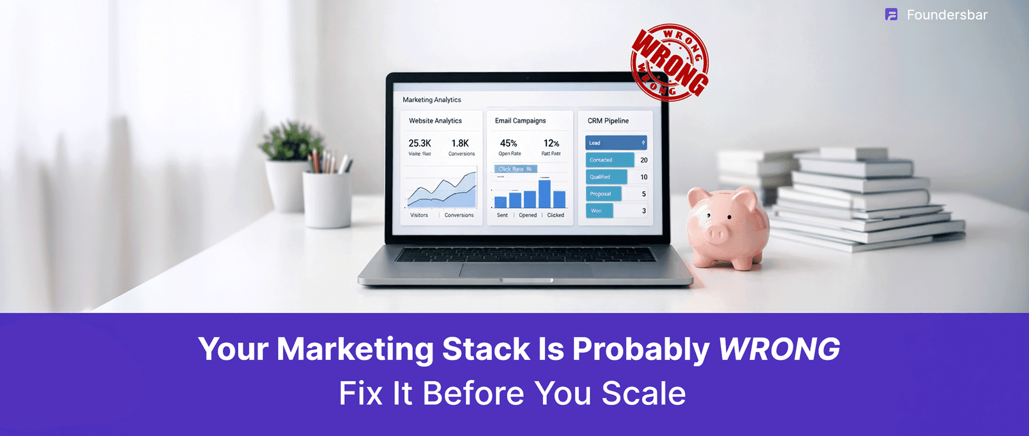 Marketing tech stack for startups on a budget shown with a laptop analytics dashboard and a piggy bank illustration.