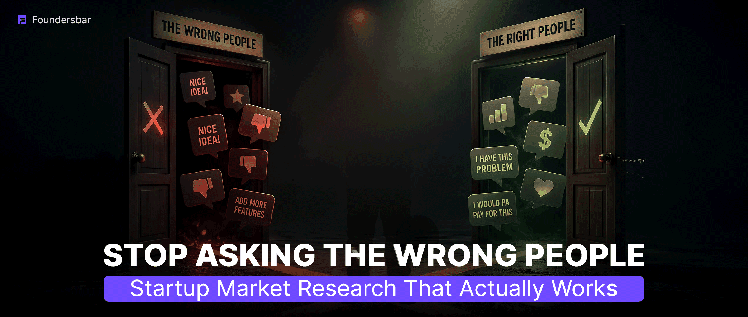 Two contrasting doors labeled 'The Wrong People' with red misleading feedback like 'Nice idea!' and 'The Right People' with green validating feedback like 'I have this problem' and 'I would pay for this,' representing effective startup market research strategies.