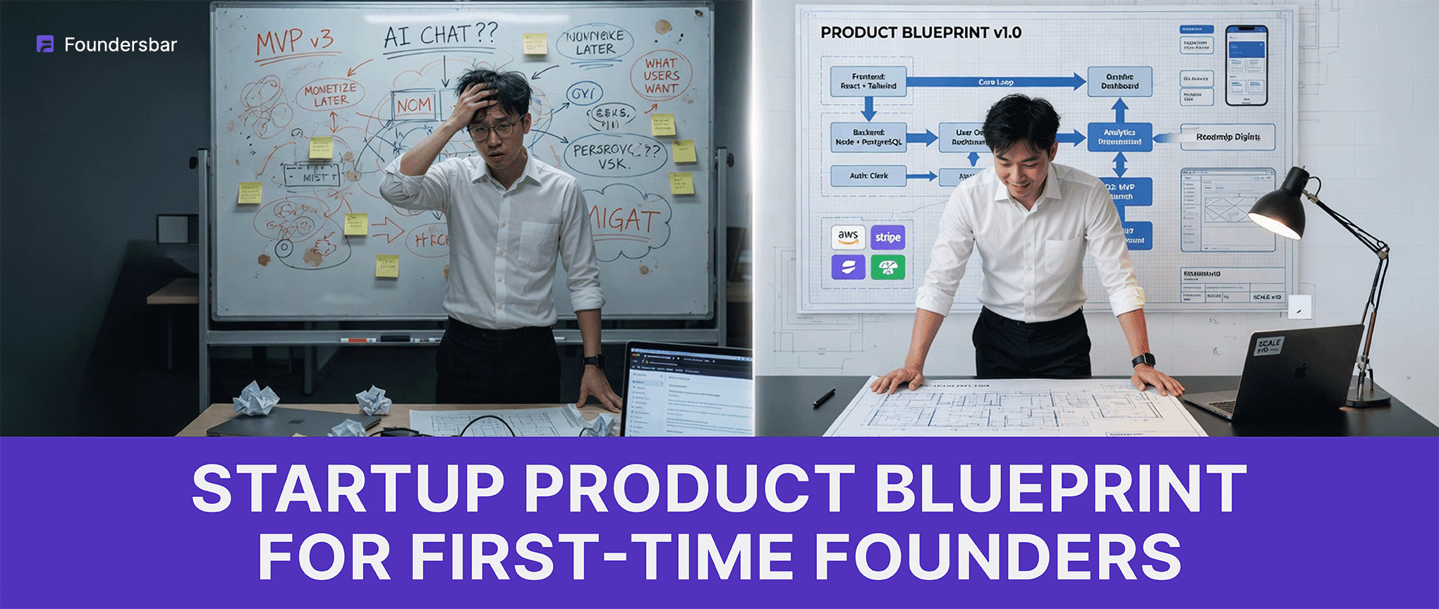 Startup product blueprint for first-time founders with engineers planning a product architecture on whiteboards.