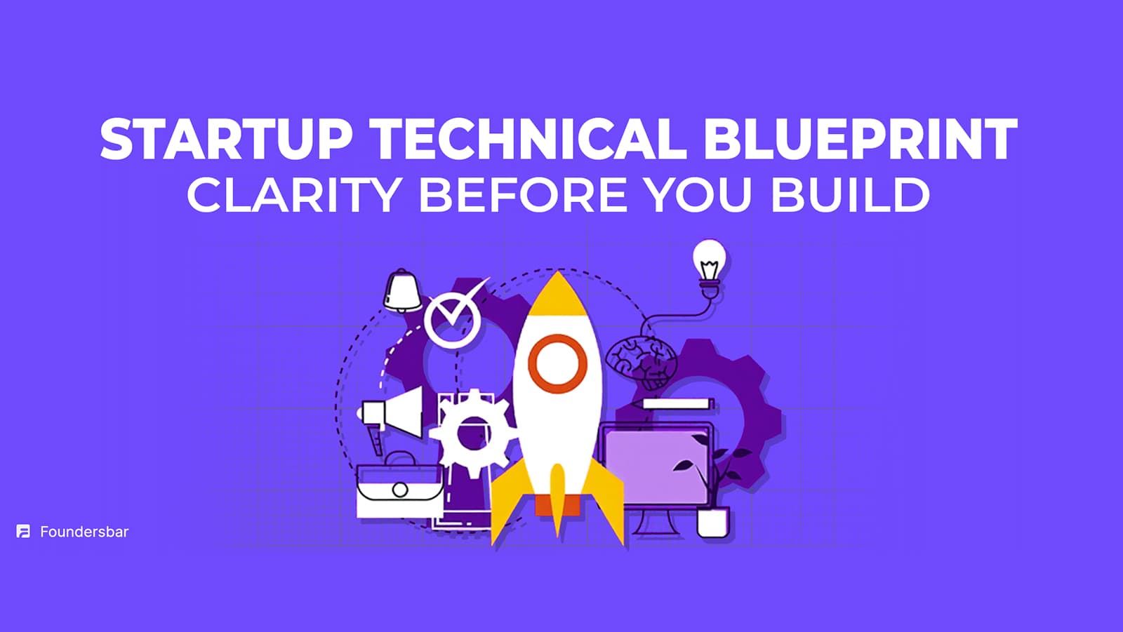 Startup technical blueprint illustration showing a rocket launching with key technology components to guide your startup plan.