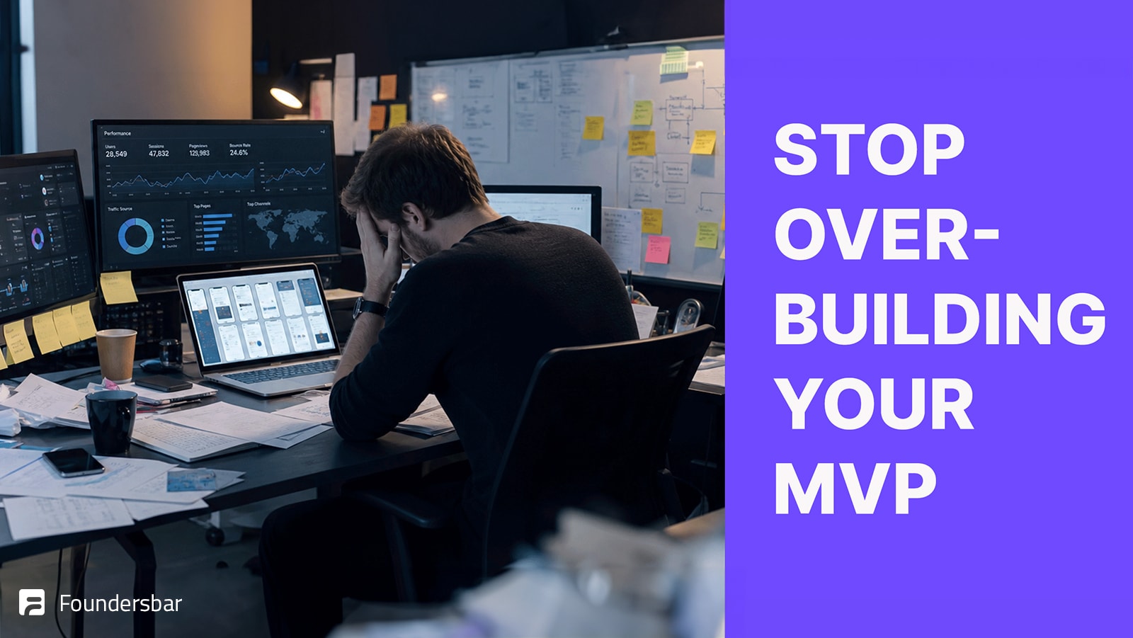 Stressed founder sitting at a cluttered desk with multiple monitors displaying analytics dashboards, surrounded by sticky notes and paperwork, illustrating the message 'Stop Overbuilding Your MVP' on the Foundersbar blog.